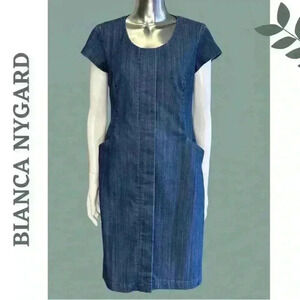 Bianca Nygard Denim Dress Shirt Sleeve Feont Sode Pockets Blue Size 6